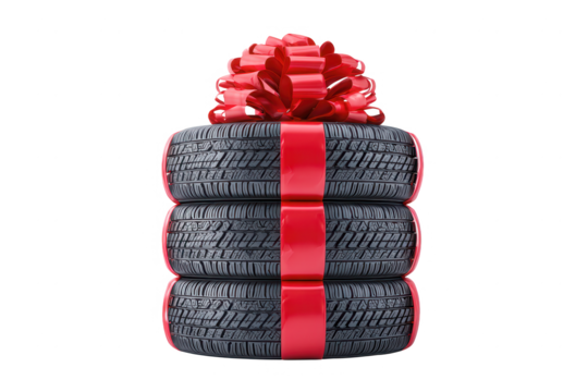High quality photo of three tires stacked and wrapped as a gift with a red ribbon and bow isolated on transparent background - Powered by Adobe