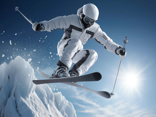 Professional skier in white gear performs a dynamic jump over snowy mountain slope, showcasing athleticism and excitement in winter sports celebration of excellence and friendship