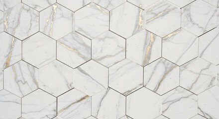 White and Gold Hexagonal Marble Mosaic Texture Background