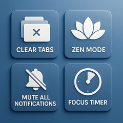 A set of clean, flat-style icons and overlay graphics representing essential digital declutter and focus tools.