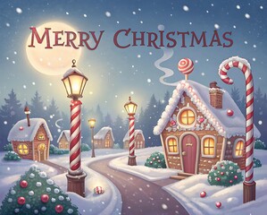 Whimsical snowy village with candy cane street lamps and festive houses