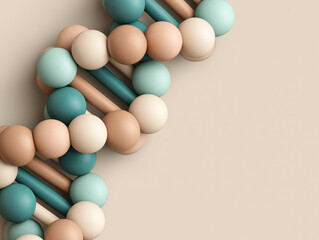 Colourful DNA abstract 3D illustration of interconnected spheres and rods, showcasing a modern design with soft pastel tones, creating a visually appealing composition with depth and texture