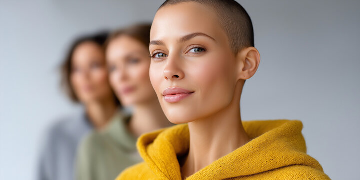 Diverse women with bald heads standing confidently in line, wearing soft sweaters, promoting cancer awareness and support for World Cancer Day, highlighting prevention and treatment
