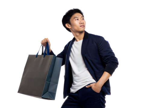 Asian man with shopping bags looking up