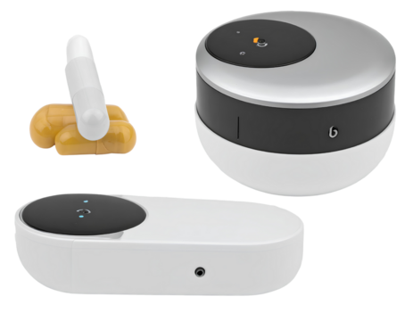 Dual digital pill sensor collection isolated on transparent background.