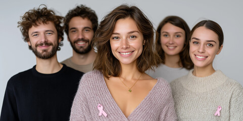 Group of diverse individuals smiling together, wearing pink ribbons, showcasing support for Rare Disease Day, emphasizing healthcare awareness and solidarity in the community