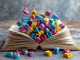 Colorful wooden letters are flying above an open book, symbolizing the celebration of World Languages Day and International Mother Language Day, showcasing linguistic diversity
