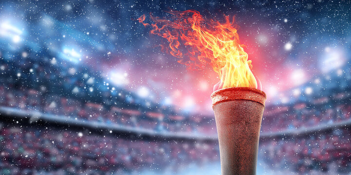 Olympic torch burning brightly in snowy stadium, surrounded by cheering crowd, symbolizing global celebration, unity, and excellence in sports during a prestigious event
