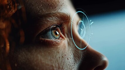 A close-up of a human eye looking into virtual reality. A circular digital interface is a few centimeters from the eye. A futuristic human eye with digital interface technology. Augmented reality - Powered by Adobe