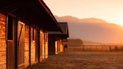 Serene sunset illuminating rustic wooden stables with distant mountains and tranquil pastures