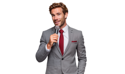 Handsome male presenter with microphone smiling, isolated on transparent background