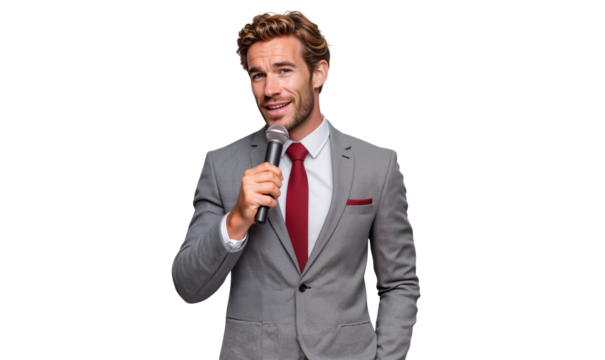 Handsome male presenter with microphone smiling, isolated on transparent background