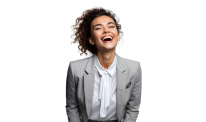 Happy businesswoman laughing with happiness and positive energy, isolated transparent background