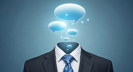 Business suit with speech bubbles emerging from the collar on a blue background representing communication and ideas for business concepts