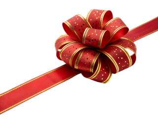 Red ribbon bow with gold polka dots and trim