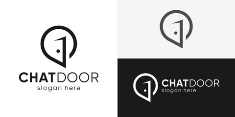 Creative simple chat door logo template. Bubble chat with door, Room talk logo design vector illustration.