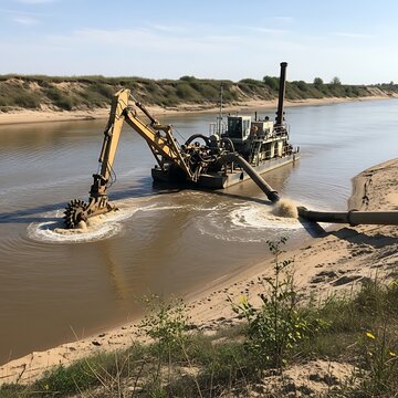 Dredging operation in river, sand extraction, construction equipment.