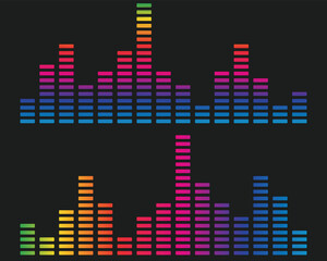 Vibrant neon equalizer bars on dark background showing colorful sound wave levels, perfect for music visualizer themes, DJ graphics, digital audio backgrounds, and party poster designs.
