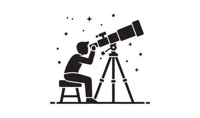 Man sitting on stool looking through telescope isolated on white background
