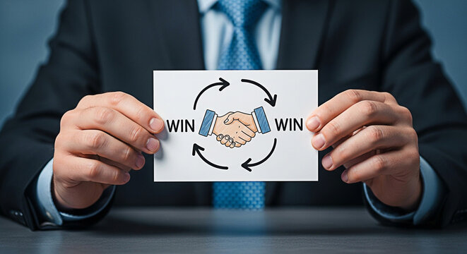 Businessman presents winwin strategy with handshake graphic for successful partnerships and mutual benefits in business negotiations and agreements