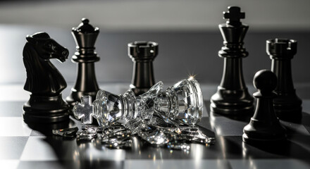 Shattered Glass King Piece on Chessboard Surrounded by Metal Pieces