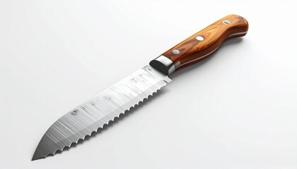 A realistic bread knife with serrated edge and wooden handle isolated on white background
