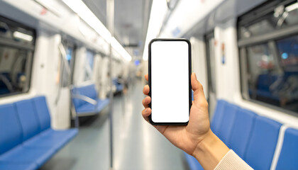 Passenger in train, and bus holding  smartphone with a blank screen with a blank screen