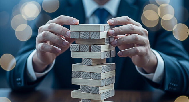 Businessman carefully balancing wooden blocks representing risk management and strategic planning in a corporate setting