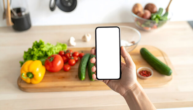 first person view of hands holding a smartphone with a blank screen in the kitchen