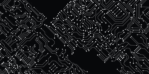Minimalistic technology background. White circuit lines and electronics elements on black backdrop. Digital circuit board with electronic system for hi-tech banner design. Vector illustration.
