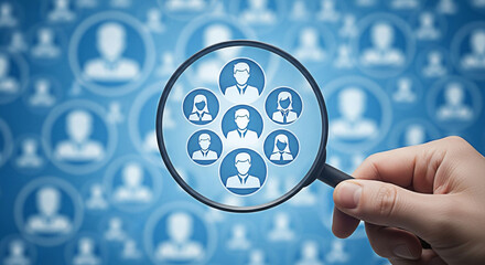 Hand holding magnifying glass over team icons for recruitment and human resources on blue background showing talent acquisition and employee search