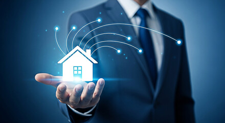 Businessman presents a digital house model representing modern real estate technology and smart home connectivity solutions for the future