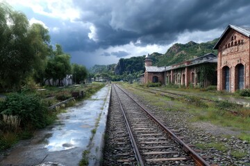 Obraz premium Cloudy sky over abandoned train station with overgrown tracks in a serene rural area