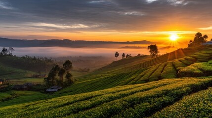Fototapeta premium Serene sunrise over lush tea plantations with misty mountains in the background, evoking tranquility