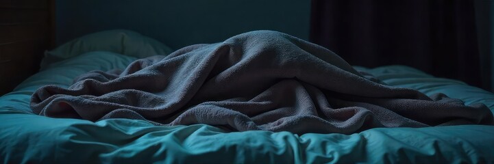 A blanket lies crumpled on a bed, concealing something underneath; mystery and intrigue abound The scene is dimly lit, suggesting secrecy and concealment , still, bedroom, hidden object