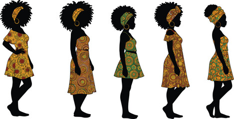 African women silhouettes, traditional dresses, colorful patterns, headwraps, hoop earrings, cultural fashion, diversity, textile design, heritage, lifestyle, art