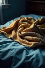 A blanket lies crumpled on a bed, concealing something underneath; a mystery unfolds Secrets, hidden objects, intrigue, and the unknown are suggested , intrigue, darkness, discovery