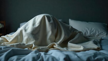 A blanket pulled high over a sleeping form on a bed, concealing the figure completely  Soft lighting creates a sense of mystery and quiet rest  The scene is peaceful and serene ,  shadow,  stillness