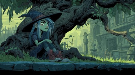 Enchanting Young Witch Relaxing Under Old Tree in Spooky Landscape