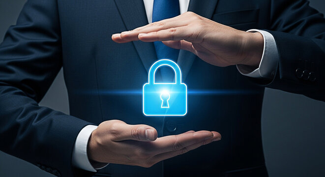 Businessman protecting digital data with a glowing padlock in his hands for cybersecurity and privacy on the internet and network security