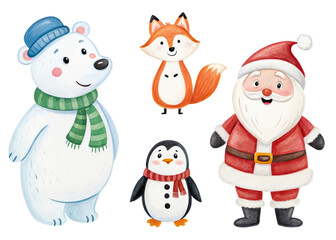 Cute polar bear fox penguin and Santa Claus group