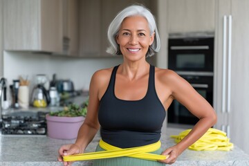 Mature Woman Preparing for Exercise with Resistance Band in Kitchen