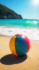 A brightly colored beach ball bounces on a sun-drenched, sandy beach, waves gently lapping in the background  Perfect for summer vacation themes, travel, and carefree fun ,  recreation,  tropical