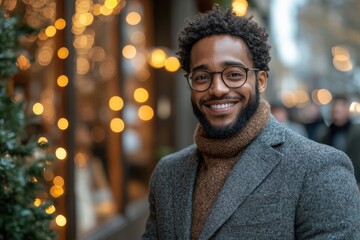 Obraz premium Man with glasses and beard smiles at camera.