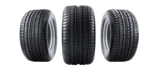 High quality studio photograph of three automotive tires arranged in a symmetrical pattern isolated on transparent background