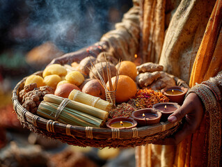 Close-up of hands holding a traditional bamboo basket with offerings during Chhath Puja. Fruits, sugarcane, and diyas arranged neatly, sunlight shining through the misty air. 