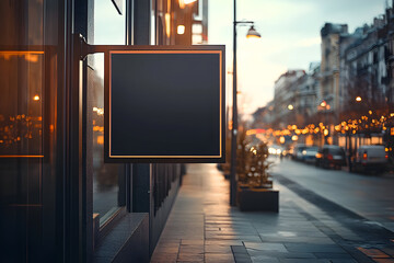 Blank Square Signage Mockup on a City Street at Dusk.