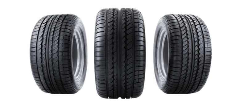 High quality studio photograph of three automotive tires arranged in a symmetrical pattern isolated on transparent background
