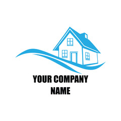 Modern Real Estate Logo Design Template with Blue House Icon and Wave