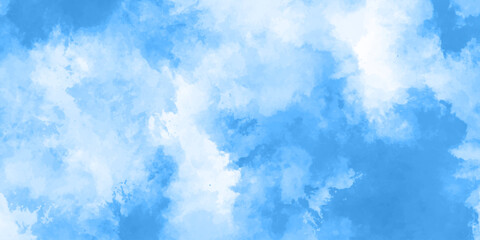 Abstract background with panorama of blue sky and white cloud nature design. horizon spring morning sky with clouds background. hand painted watercolor shades sky clouds.